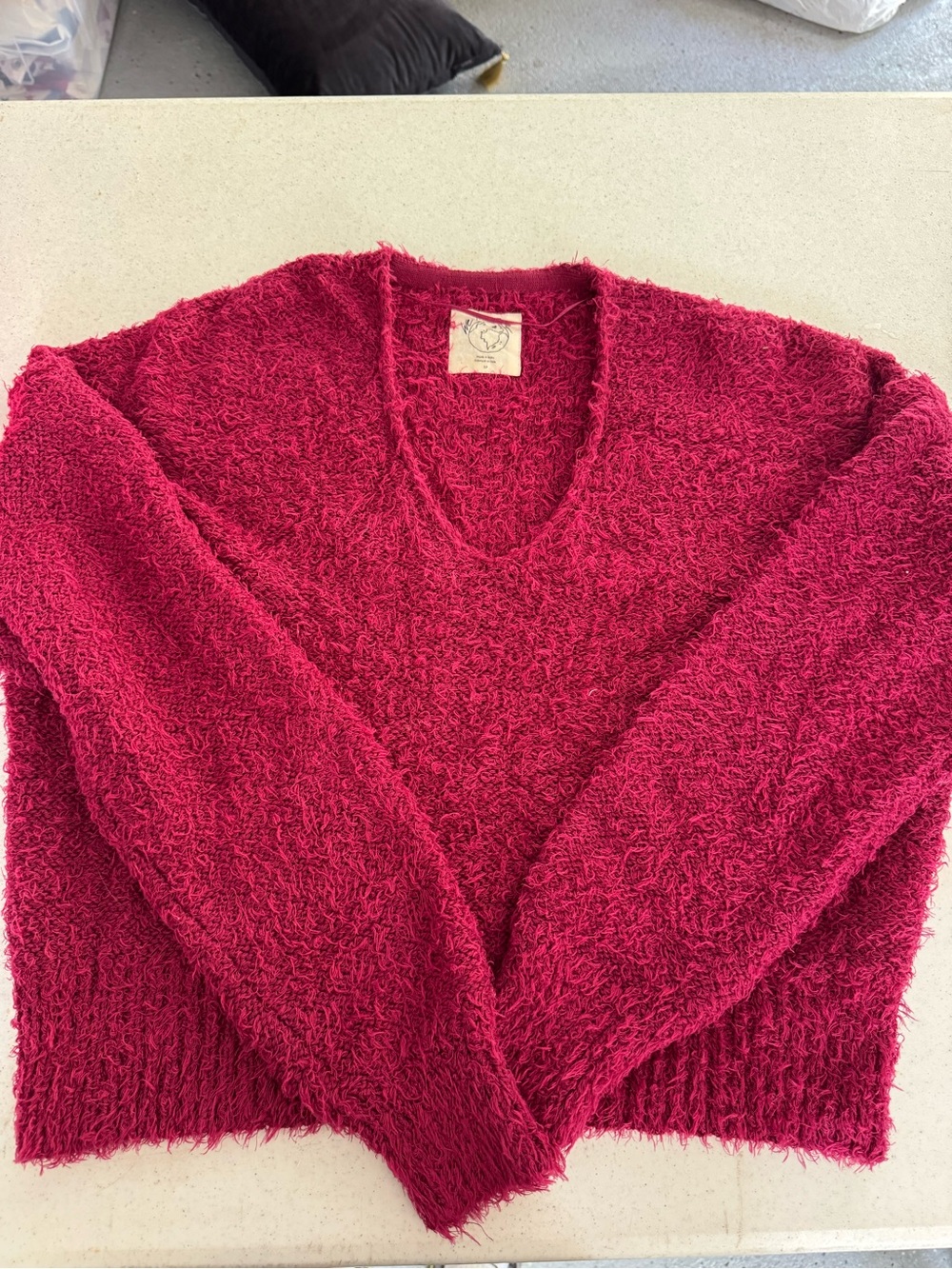 FREE PEOPLE Cozy V-Neck Fuzzy Sweater in Deep Berry